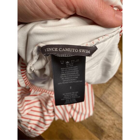 Vince Camuto Swim 8 one piece swimsuit red white striped ruffles off shoulder - Picture 5 of 6